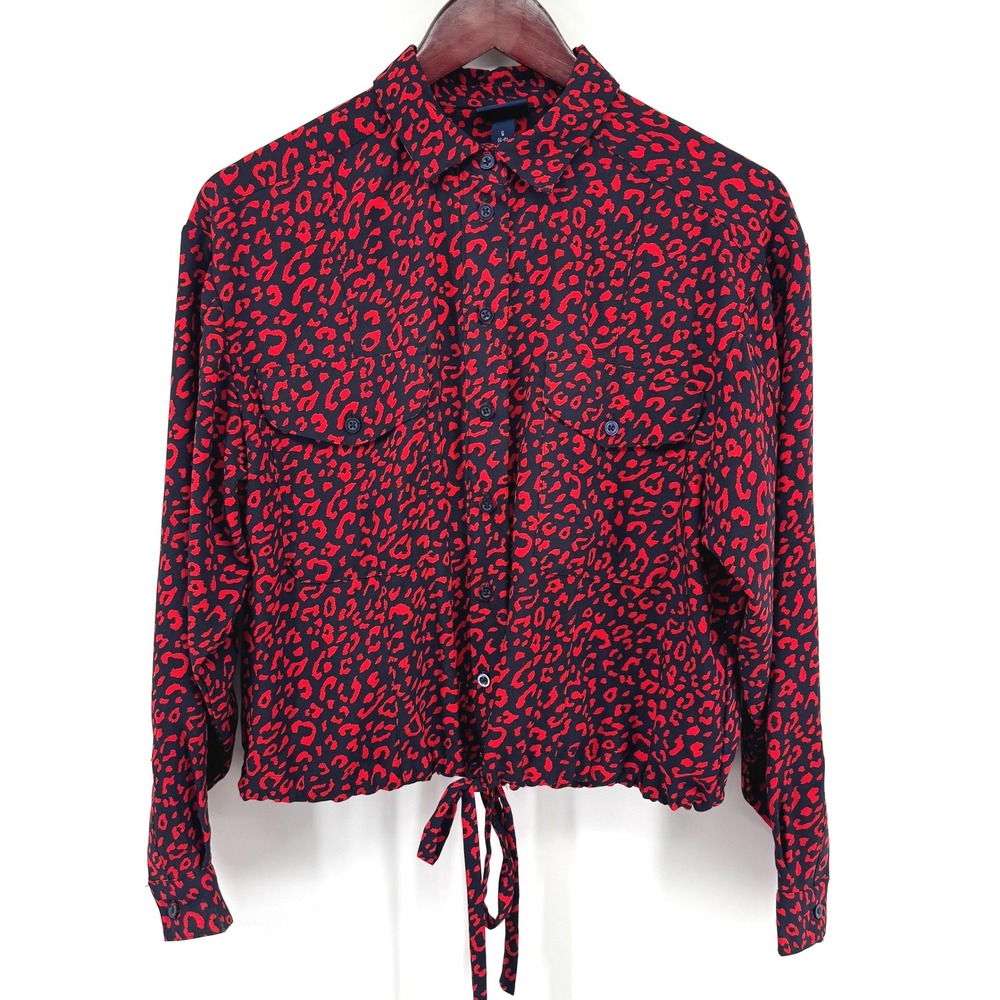 Scoop Button Down Shirt Women S Red Navy Leopard Print Transitional Office Wear